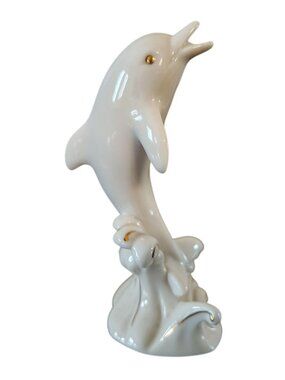 Lenox Porcelain Dolphin Figurine, Gold Accents, Jumping in Waves, 4" Nautical